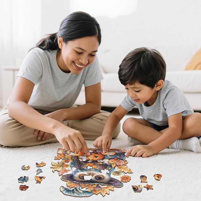 Wooden Puzzles for Adults - 200 Pieces Halloween Owl Puzzle - Unique Animal Shapes Wooden Jigsaw Puzzles for Adults - Eco-Friendly Animal Puzzle Home Office Decor (M-11.4 * 11.4in)