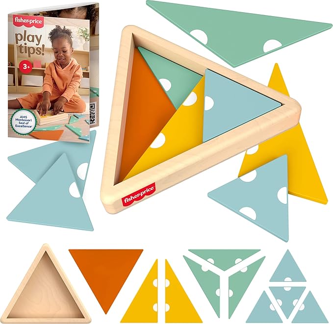 Fisher-Price Wood Montessori Toy Triangle Puzzle, American Montessori Society Seal of Excellence, 10-Piece Wooden Learning Activity & Expert Play Tips for Kids Ages 3+ Years (Amazon Exclusive)