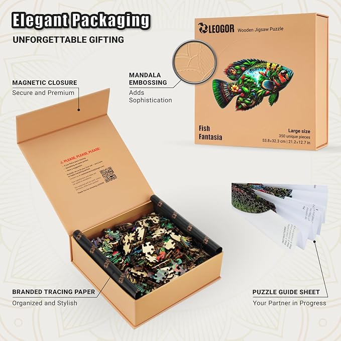 LEOGOR Wooden Jigsaw Puzzles for Adults 350 Pieces (21.2 × 12.7 in), Fish Puzzle, Extra-Thick 5mm Wood, Colorful Ocean Scene, Unique Animal Shapes, Beautiful Sea Life Gift for Adults and Teens