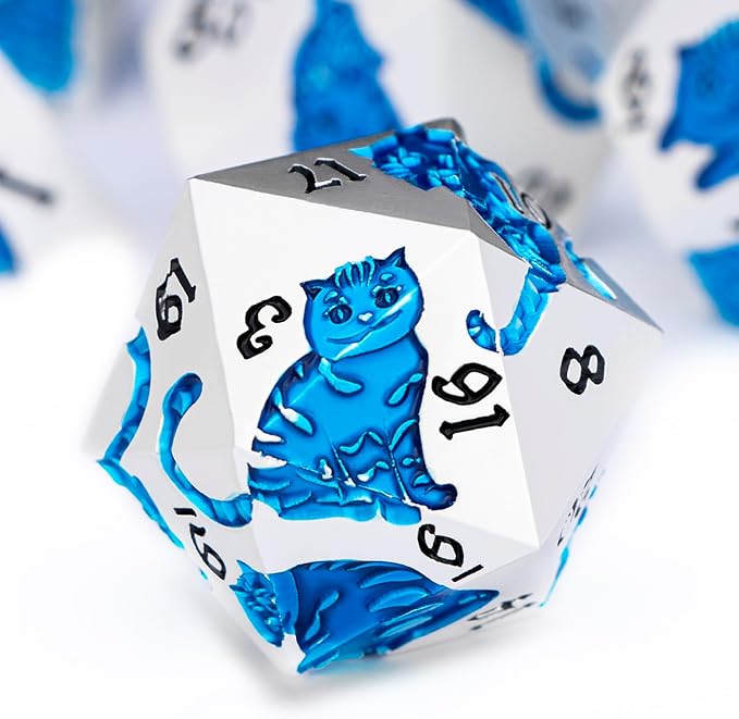 Metal DND Cat Dice 7PCS Polyhedral RPG Dice Set with Gift Case for Dungeons Dragons Role Playing Game, D and D Dice D6 D8 D10 D12 D20 D% (Silver Blue)
