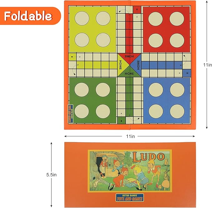 Foldable Ludo Board Game Set | Portable Travel-Friendly Family Board Game | Includes 16 Color Tokens, 2 Dice | Indoor/Outdoor Fun for Kids & Adults | Traditional Retro Toy Game