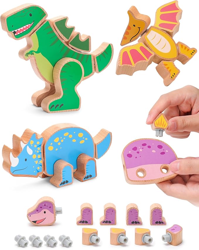 SainSmart Jr. Wooden Snap Together Building Toy, 4 Pcs Dinosaur Take Apart Toys, Montessori Toys for Toddler Developmental Learning - Ideal Gift for Boys and Girls