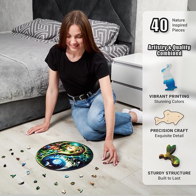 LEOGOR Wooden Jigsaw Puzzles for Adults 350 Pieces (15 × 14.9 in), Yin Yang Puzzle, Extra-Thick 5mm Wood, Round Mosaic Puzzles with Unique Animal Shapes, Challenging, Beautiful Gift for Puzzle Lovers