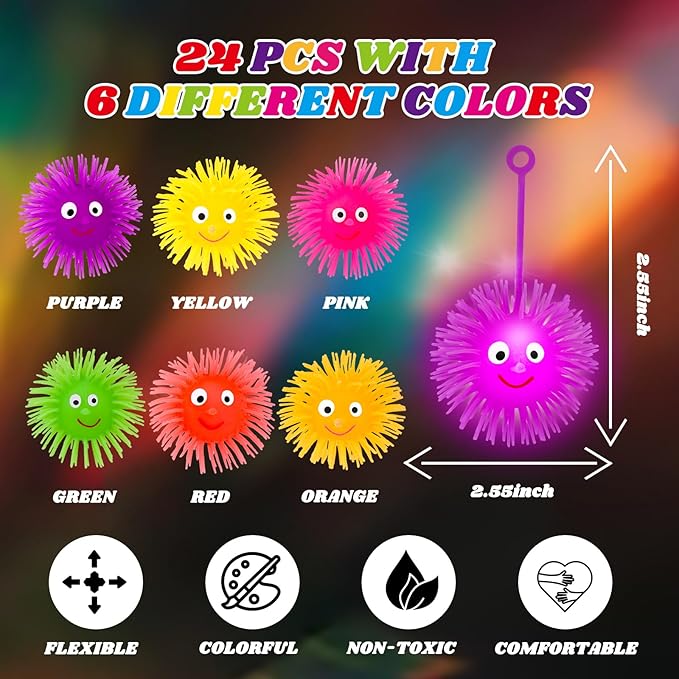 24 PCS LED Puffer Balls Light Up Party Favors for Kids 4-8 8-12 Bulk Sensory Bouncy Ball Goodie Bags Stuffers Prizes Kids Pinata Fillers Glow in The Dark Party Supplies Toddler Fidget Toy Stress Balls