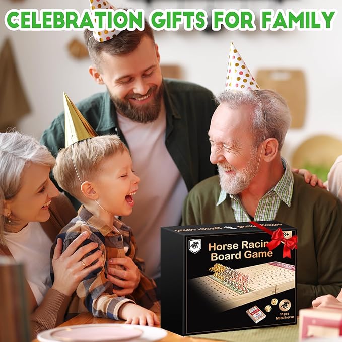 FUNNYB&G 21 inches Horse Race Board Game Foldable Large Horse Racing Game for Adults with 11 Metal Horses, Solid Wood 60 Pcs Poker Chips 2 Dice 1 Pack of Cards for Family Tabletop Parties(Log)