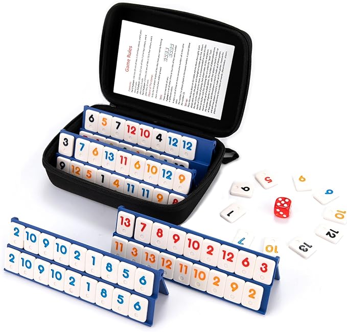 Mini Travel Rummy Cube Game 4 Players with Portable Case, 106 Melamine Rummy Tiles & 4 Holders, Small Classic Family Strategy Board Game for Adults Kids