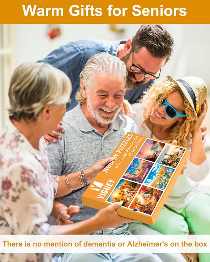 6 Pack 48 Large Piece Jigsaw Puzzles for Seniors Alzheimer Products for Elderly Dementia Activities Memory Game for Patients in Nursing Home with Storage Box
