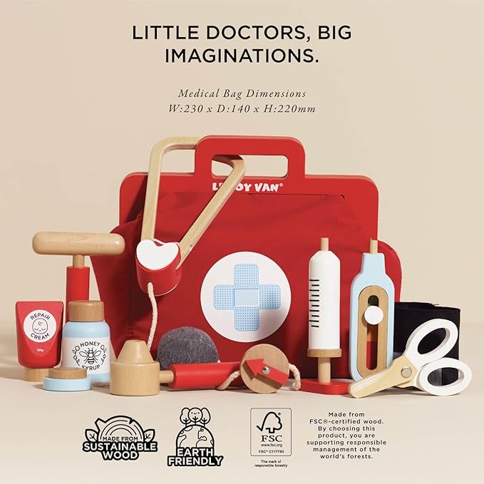 Le Toy Van - Kids Wooden Educational Pretend Play Honeybake Doctor's Medical Play Set Kit | Kids Pretend Play Role Play For Boys And Girls | 3 Year Old +, 8.66" x 5.70" x 5.90" (TV292)