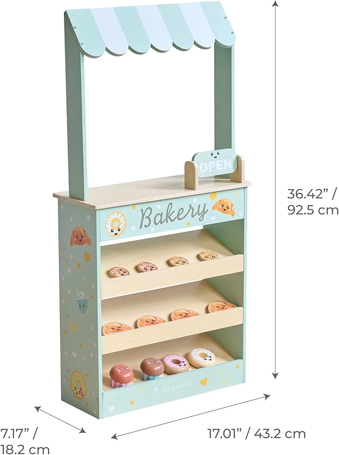 Teamson Kids Jolly Pals Wooden Bakery Market Stand Pretend Playset for Kids Ages 3+, Pastry Play Food Rotating Open/Close Sign, Hidden Storage Educational Role-Play, Pretend Play Wooden Market Stall