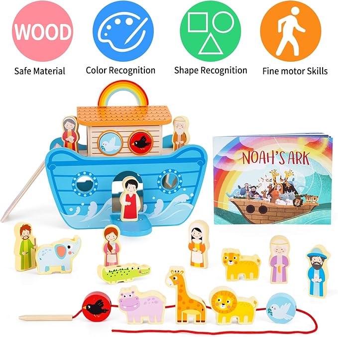 Wooden Noahs Ark Toy Animal Playset, Baptism Gifts for 2 3 4 Years Old Boys Girl, Lacing Beads, Shape Sorter, Montessori Noah's Ark Toys with Bible Story Book for 24 Months Kids