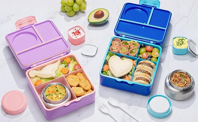 Fimibuke Bento Box for Kids Adult, BPA Free & Leakproof Toddler Lunch Box with 8.5oz Insulated Food Jar, Utensils & Sauce Jar, Dishwasher Safe 3 or 4 Compartment Container for School Girl Boy