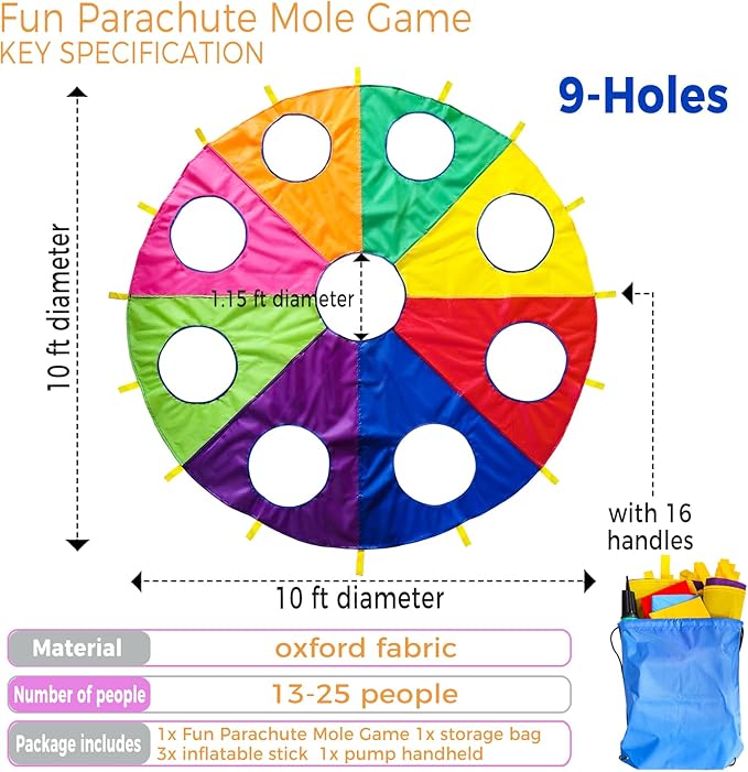10 FT Rainbow Play Parachute Mole Game with 9 Holes, Indoor/Outdoor Fun for Kids, Families, Schools, Includes 3 Inflatable Sticks & 1 Pump, Perfect for Team Building, Group Activities