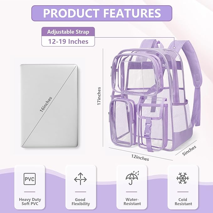 Purple Clear Backpack, Heavy Duty PVC Clear Bag for Stadium Events, Transparent Backpack with Reinforced Straps & Stitches for Girls Boys, Large Capacity Bookbag for School, Travel, College, Work