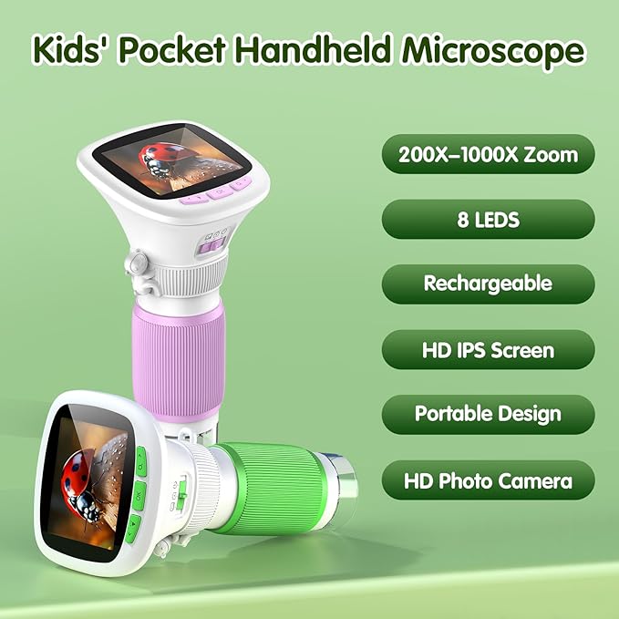 Microscope for Kids, EDCREATY 200X-1000X Portable Pocket Handheld Microscope, 2.4 High-Definition Screen, 200W Pixels for Birthday Christmas Holiday Toys Gifts for 5 6 7 8 9 10 11 12 Kids