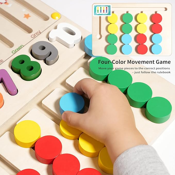 Montessori Learning Toys Busy Board Sensory Toys for Autistic Children, 4-in-1 Wooden Toy with Magnetic Color Number Maze, Xylophone, Sliding Puzzle & Number Match for Kids Ages 3+