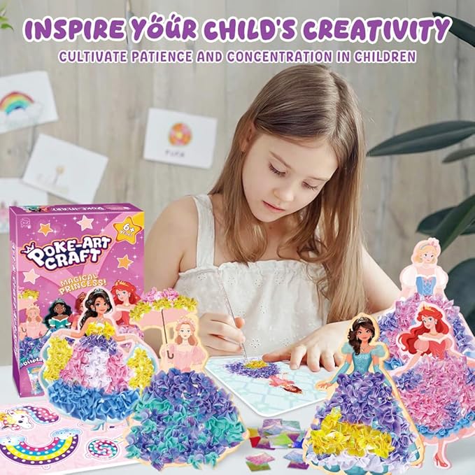 Poke Art and Craft Kits Princess for Girls, 8 Princesses and 4 Accessories, Mess Free DIY Creative Activity, Birthday Gifts Toys for 5 6 7 8+ Year Old Girls