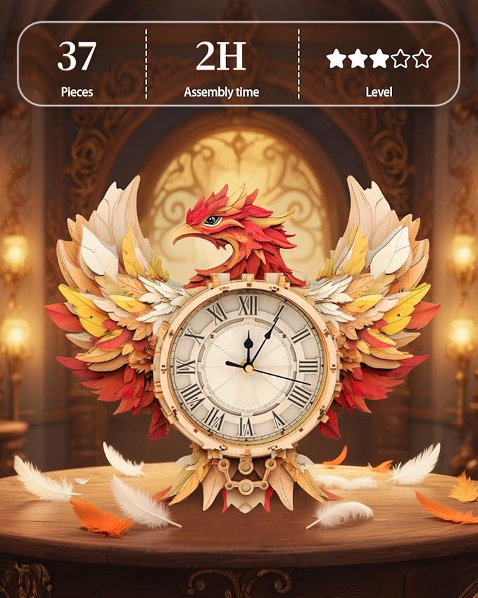 3D Wooden Puzzles for Adults, Phoenix Wall Clock DIY Set, Beginner 37 Pcs Wooden Puzzles, Creative Gift Ideas for Adults Teens