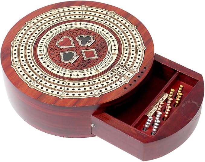 House of Cribbage - Round Shape 3 Track Non-Continuous Cribbage Board - Push Drawer Storage for Pegs and 1 Deck of Cards with Score Marking Fields for Won Games (Bloodwood/Maple Wood)