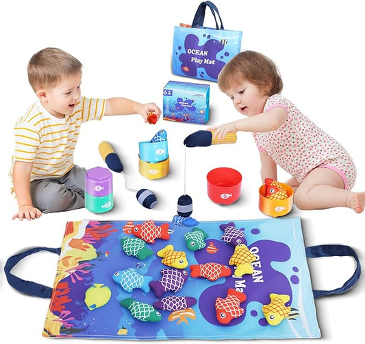 Montessori Toys for 1 Year Old, 27 Pcs Cloth Fishing Game for Toddlers Sorting Toy, Baby Toys for 1 Year Old Boy with Stacking Cups, Fishing Toys for Toddlers 1-3 First Birthday Gifts for Boy Girl