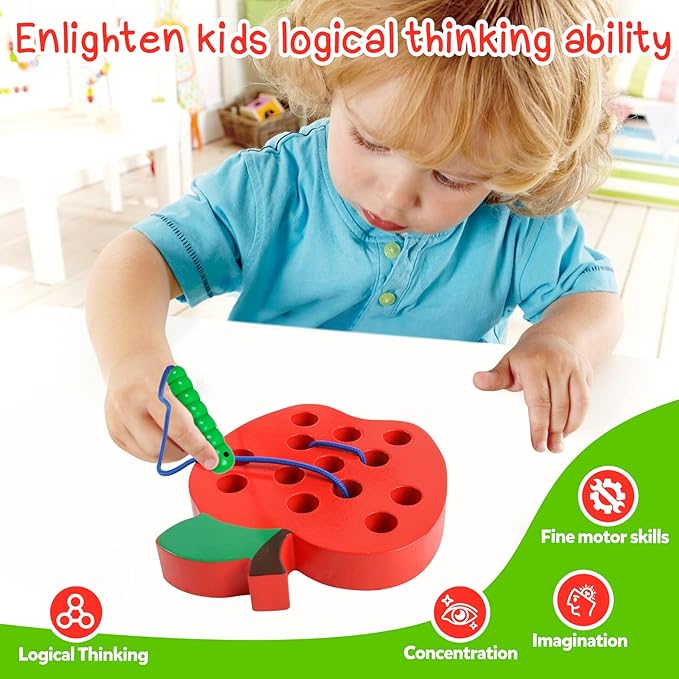 Skrtuan Wooden Lacing Apple Toy for Toddlers 3-5 Years Old, Montessori Fine Motor Skills Threading Puzzle, Educational Travel Gift for Boys & Girls
