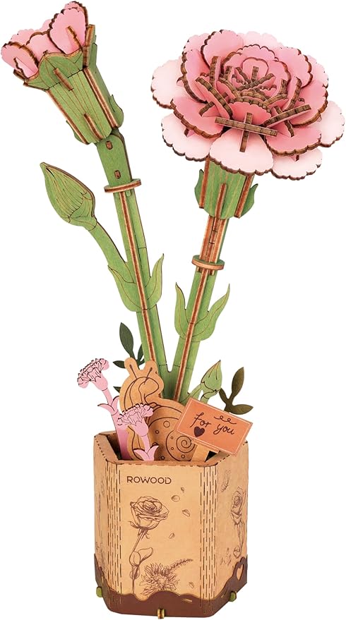 rowood 3D Puzzle Wood Flower,DIY Artifical Flower Building Set Craft Kit for Women,Mother's Day/Valentine's Day/Teacher's Day/Thanksgiving/Christmas/Birthday Gift -Pink Carnation