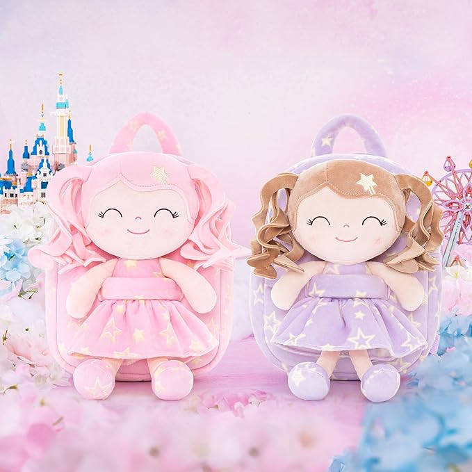 Gloveleya Toddler Backpack Baby Girl Gifts Curly Hair Plush Figures Dress Backpack Kids Backpack Curly Hair Spring Girl - Pink Head Pink Star 9inches