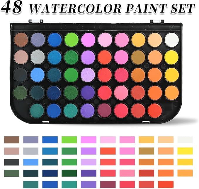 Watercolor Paint Set, 48 Color Watercolor with 10 PCS Nylon Brushes,6 PCS Refillable Water Brush Pen, 12 Page Pad and 2 PCS Art Sponges. Watercolor Paint set for Adults,Children and Beginners