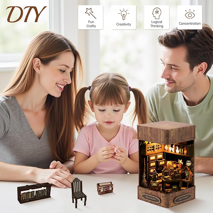 Book Nook Kit - DIY Enchanted Cottage Miniature House for Adults & Teens, 3D Wooden Puzzle Booknook with LED Lights, Bookshelf Insert Decor & Creative Model Building（Magic Bookstore）