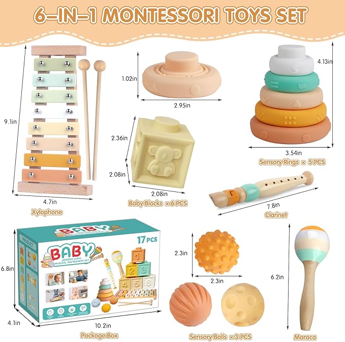 Montessori Toys for 6 Month Old 1+ Year Old 6 in 1 Musical Instruments for Toddler Stacking Blocks Rings Development Learning Educational Toy with Wooden Xylophone for 6 7 8 9 Months 1 Year Old Baby