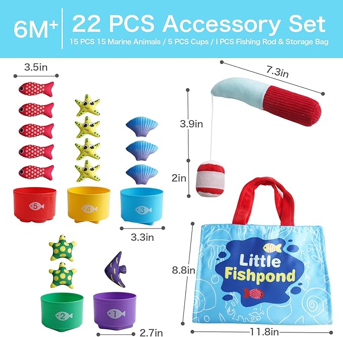 Toddler Montessori Sensory Toys for 1 Year Old - Baby Boy Girl Toys 1 Years Old Birthday Gift, Cloth Fishing Game with Stacking Cups,Number Counting and Color Sorting