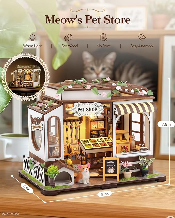 [2025 New] Pet Shop Miniature House Kit with LED Light, Book Nook Kit with Cover for Birthday, 3D Wooden Bookends Puzzle Bookshelf Decor Building Kit Birthday Gifts for Family, Friends