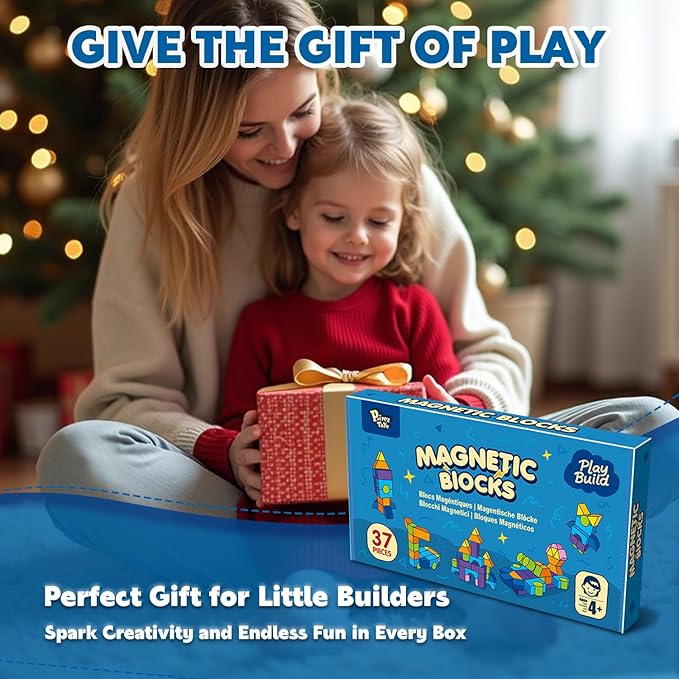 Magnetic Building Blocks, 37PCS Magnetic Blocks for Kids Ages 4-8, 3D Multi-Shape Stacking Blocks, Sensory Montessori Magnet Cubes Toys for Boys & Girls Ages 4+
