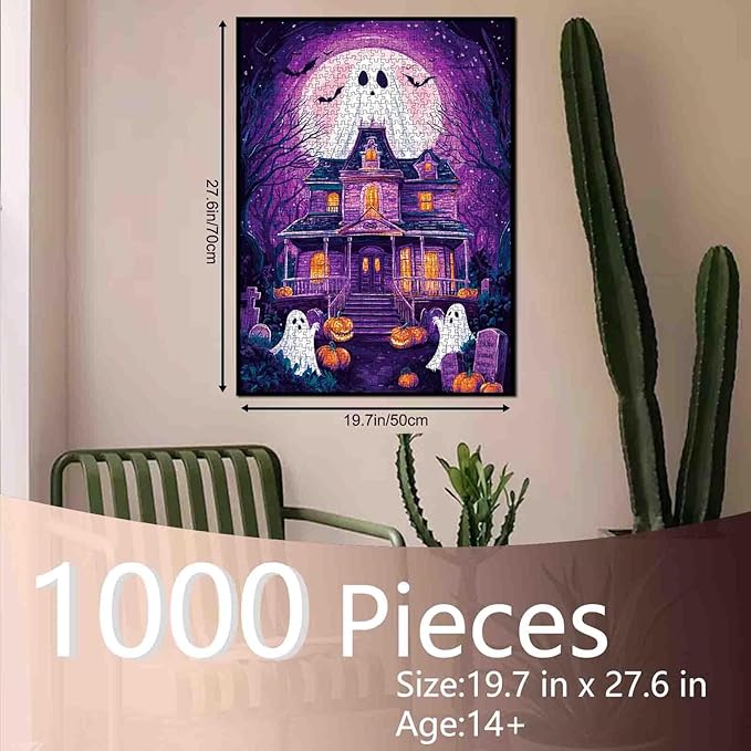Haunted House Puzzle 1000 Pieces for Adults Ghosts Pumpkins and Full Moon Jigsaw Puzzle Spooky Mansion Night Scene Puzzles Fun Fall Indoor Activity for Women Men Halloween Puzzle Gift Decoration