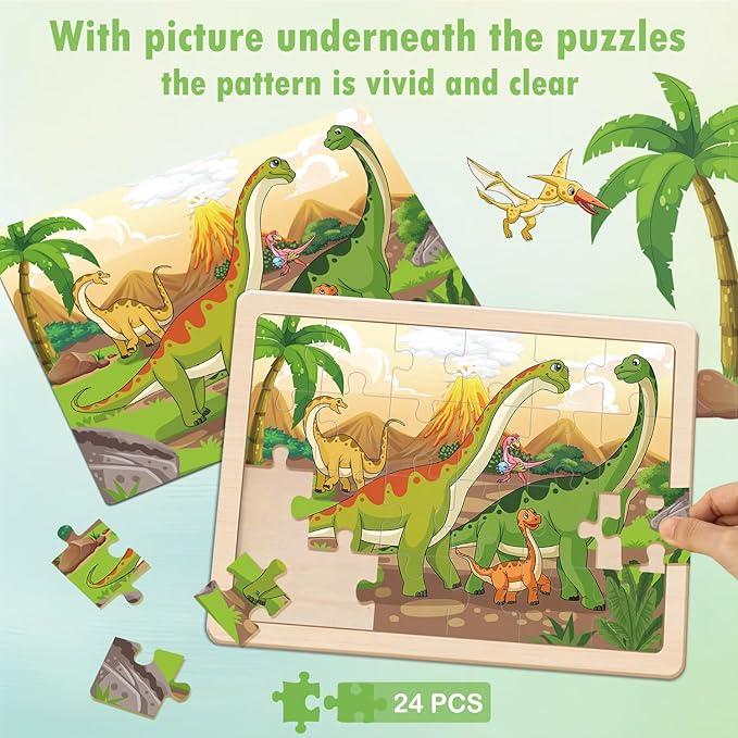 Puzzles for Kids Ages 4-6, Large Dinosaur Wooden Puzzles, 4 Packs 24 PCs Jigsaw Puzzles Preschool Educational Toys Gifts for 3 4 5 6 Year Old Boys Girls