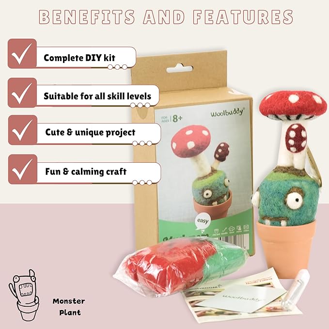 Woolbuddy Needle Felting Kit, Mushroom Monster Craft for Beginner Adults, Includes Supplies and Instructions, Creative Design for Unique DIY Projects