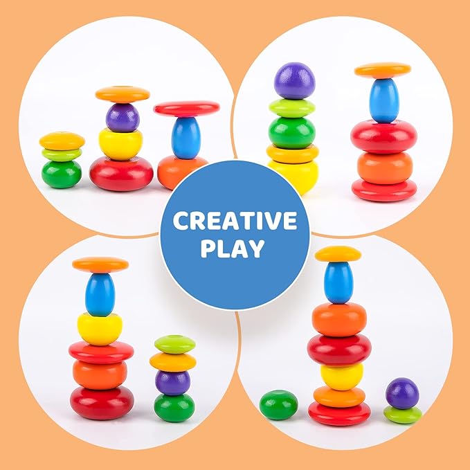 WODI Wooden Rainbow Stacking Stones 10Pcs Multi-Style Wood Sorting Balancing Rocks Blocks Montessori Educational Toys for Toddler Kids 3 Years Up Developing Skills