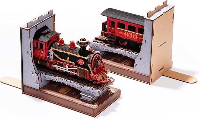 Rolife 3D Puzzles for Adults DIY Book Nook Kit Wooden VintageTrain Decorative Bookends 6.5" Model Building Kit Crafts for Adults Gifts for Boys Girls