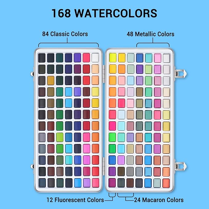Watercolor Paint Set, 168 Vivid Colors with Regular, Macaron, Metallic & Fluorescent Colors, Travel Watercolor set including Palette, Water Brush Pens, Art Supplies Kit Great for Artists, Beginners