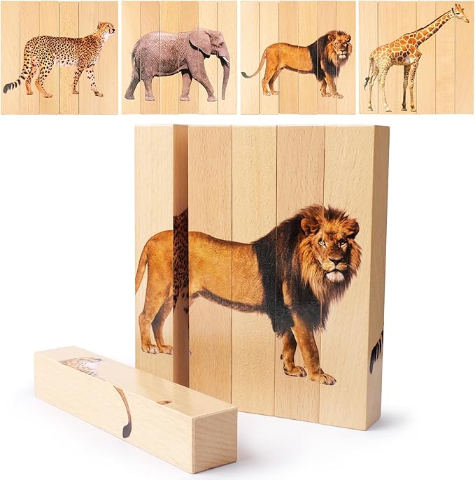 Wooden Puzzles for Toddlers 1-3: Animal Toddler Puzzles for 2-4 Years Old, Montessori Toys Learning Educational Chunky Puzzle, 4-in-1 Safari Animal Wooden Toys for Kids Baby Boys Girls Gifts