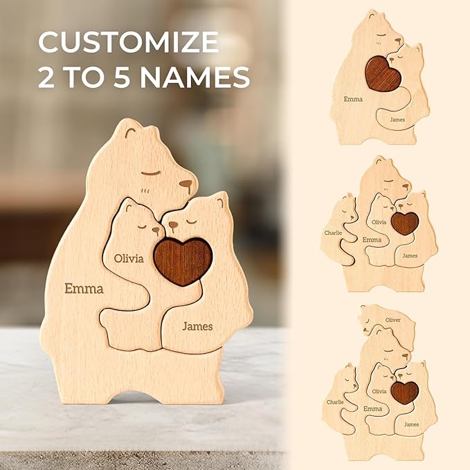 Wooden Mommy Bears Family Puzzle, Personalized Puzzles with 2–5 Names, Father's Day Personalized Gifts for Dad Mom Kids Teen Boys Girls Grandma, Toddler Men Birthday Mother's Day Decorations