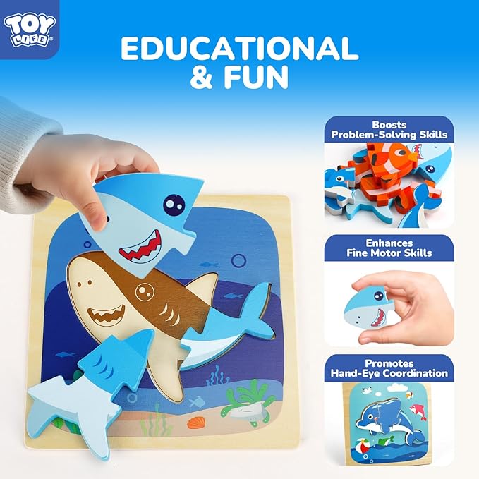 TOY Life Toddler Puzzles Ages 2-4, Wooden Puzzles for Toddlers 1-3, 7 Pcs Sea Animals Puzzle 2 Year Old, Montessori Toddler Boys Girls Toys 2-3, Educational Gift Learning Toys for 2 Year Old