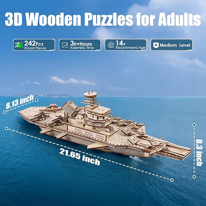 3D Wooden Puzzles for Adults, 242 PCS 3D Puzzles for Adults- Brain Teaser Wooden Puzzles for Father/Son, Gifts for Fathe/Son, Decompression 3D Puzzle Wood Models Kits (1.Aircraft Carrier)