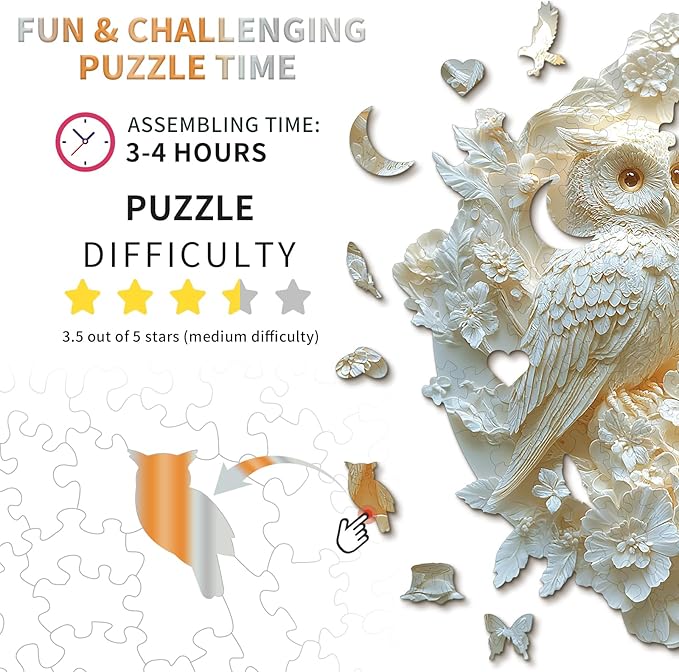 KAAYEE Wooden Puzzles for Adults, Couple Owl Wooden Jigsaw Puzzle Unique Shape Wood Puzzle Adult, 3D Visual Effect Flat Puzzle Birthday Family Games (M-11.4 * 10.6 in-177pcs)