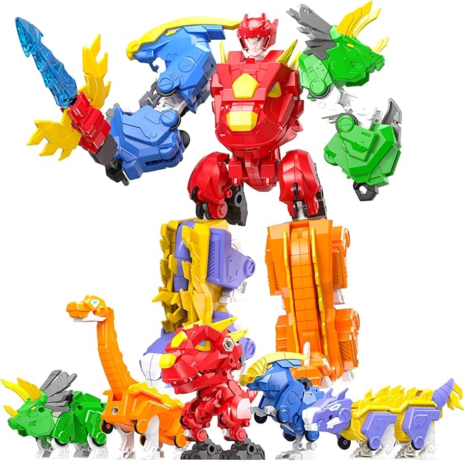 6+ Kids 5-in-1 Dinosaur Transforming Robot Toy - Safe, Durable, Easy Assembly | Educational Gift for Boys & Girls - Build & Combine into Mega Robot with Weapon