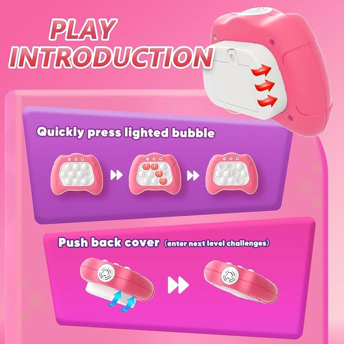 Pop Push Game Toy for Kids, Quick Fast Push Pop Puzzle Handheld Game Light up Fidget Toy 8-12, Bubble Sensory Toys Christmas Birthday Gifts for Kids Ages 3-12 (Pink)