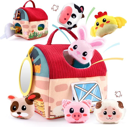 Baby Toys 6-12 Months - Surprise Barn Stuffed Farm Animals, Mirror, Rattle, Montessori Toys for 6 Month Old Babies Sensory Balls Toddlers 1-3 Soft Barn Toy Plush Animal House Christmas Birthday Gifts