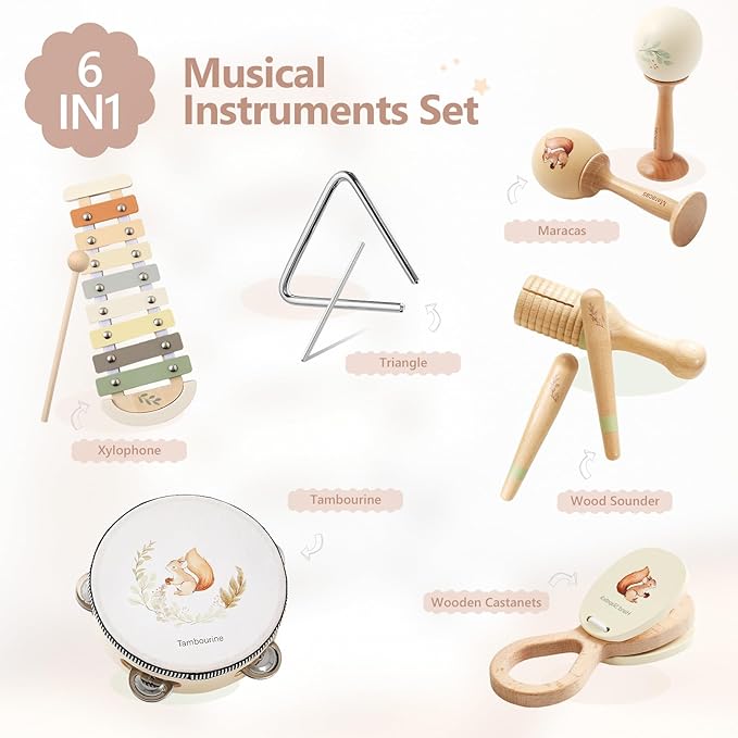 Baby Musical Instruments Set Wooden Montessori Musical Toys for Toddlers Neutral Colors Percussion Instruments Set with Modern Boho Xylophone Tambourine Educational Musical Toys for Preschool Kids