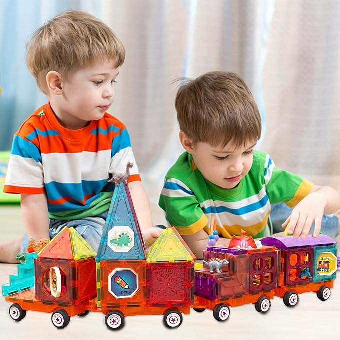 Magnetic Tiles Building Blocks with 4 Cars Magnet Train Set for Kids Construction STEM Toy Preschool Educational Creativity Learning Brithday Gift for Girls Boys Toddlers 3 4 5 6 7 8