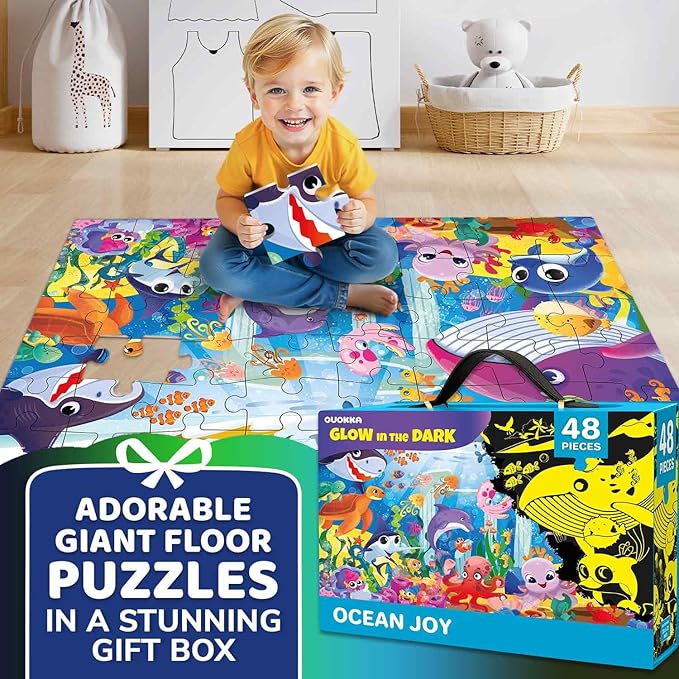 QUOKKA Floor Puzzles for Kids Ages 4–8 – 2x3 FT Giant Glow in The Dark Jigsaw – 48 Large Pieces – Deep Sea Adventure Scene – Montessori Toy with Gift Box – Fun Learning Activity