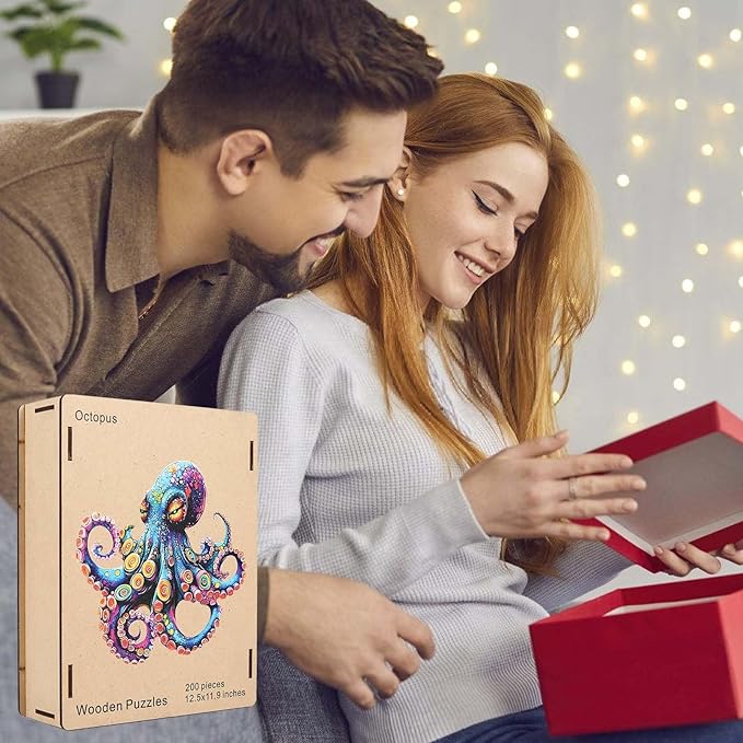 Wooden Jigsaw Puzzle, 500 Pcs Unique 3D Shape Jigsaw Puzzles, Wood Puzzle Gift Box Packing, Medium Size Letter, Creative Gift for Adults and Kids, Fun Challenging (EA2Octopus, 500PCS)